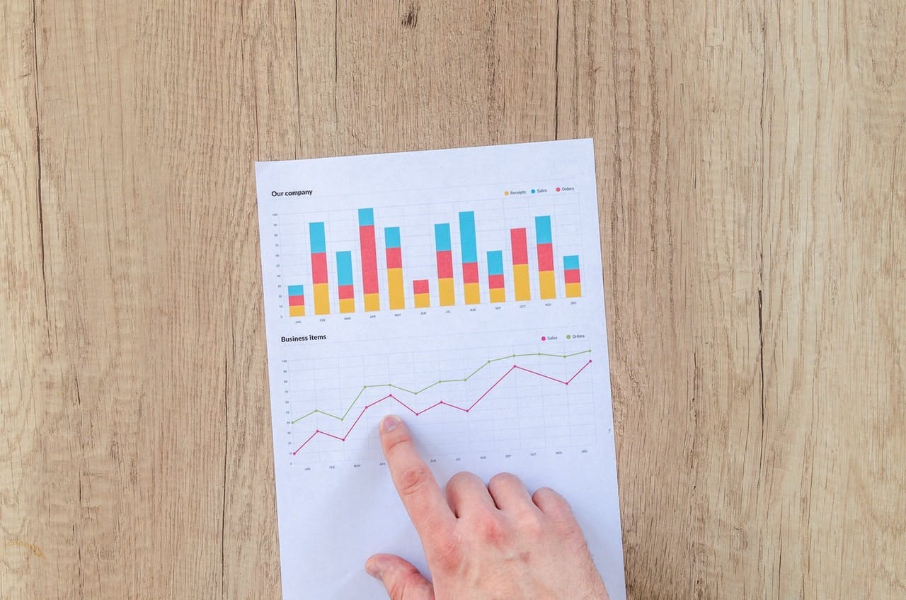 hand pointing on a paper with graphs